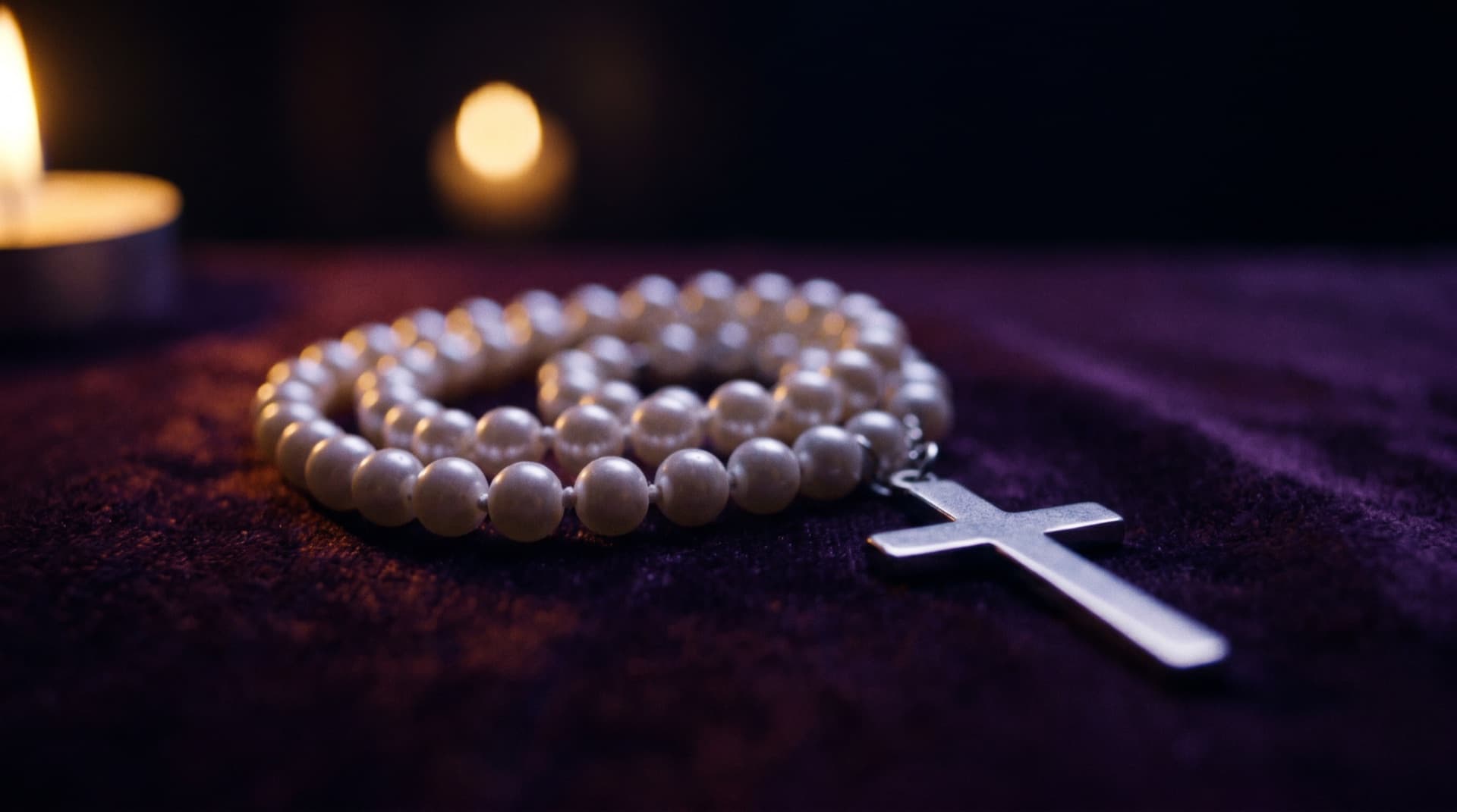 A pearl rosary coiled on plum velvet, lit by candlelight