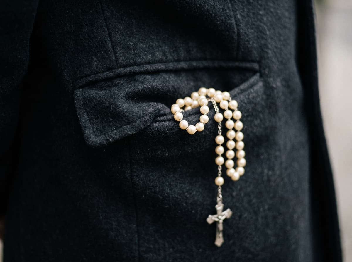 A rosary tucked in a coat pocket, carried through an ordinary day