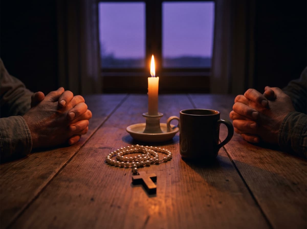A rosary laid on a wooden table beside a cup of tea in soft evening light