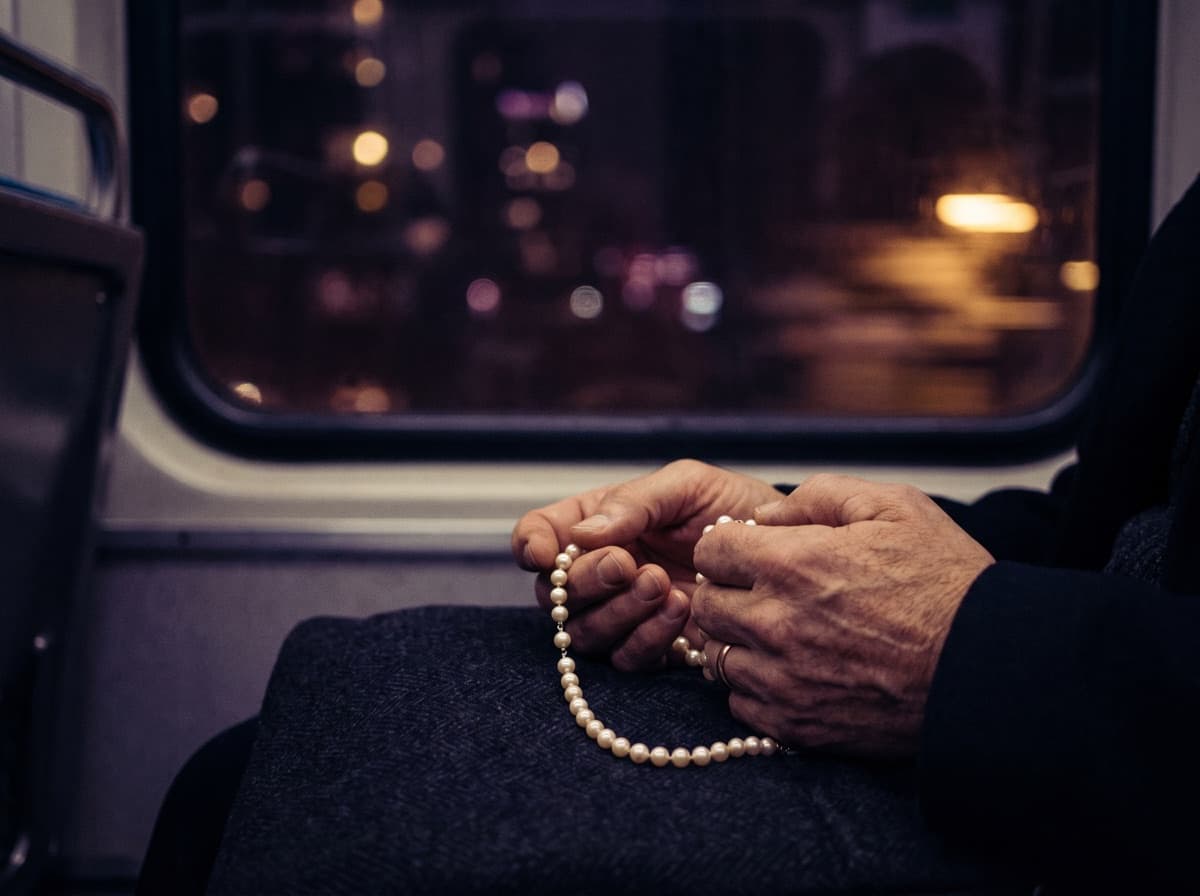 A commuter quietly praying the rosary during a train ride